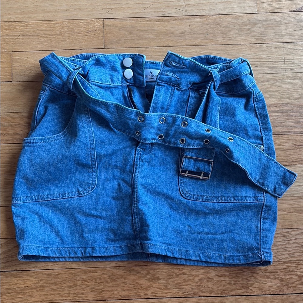 Windsor Blue Denim Belted Mini Skirt
